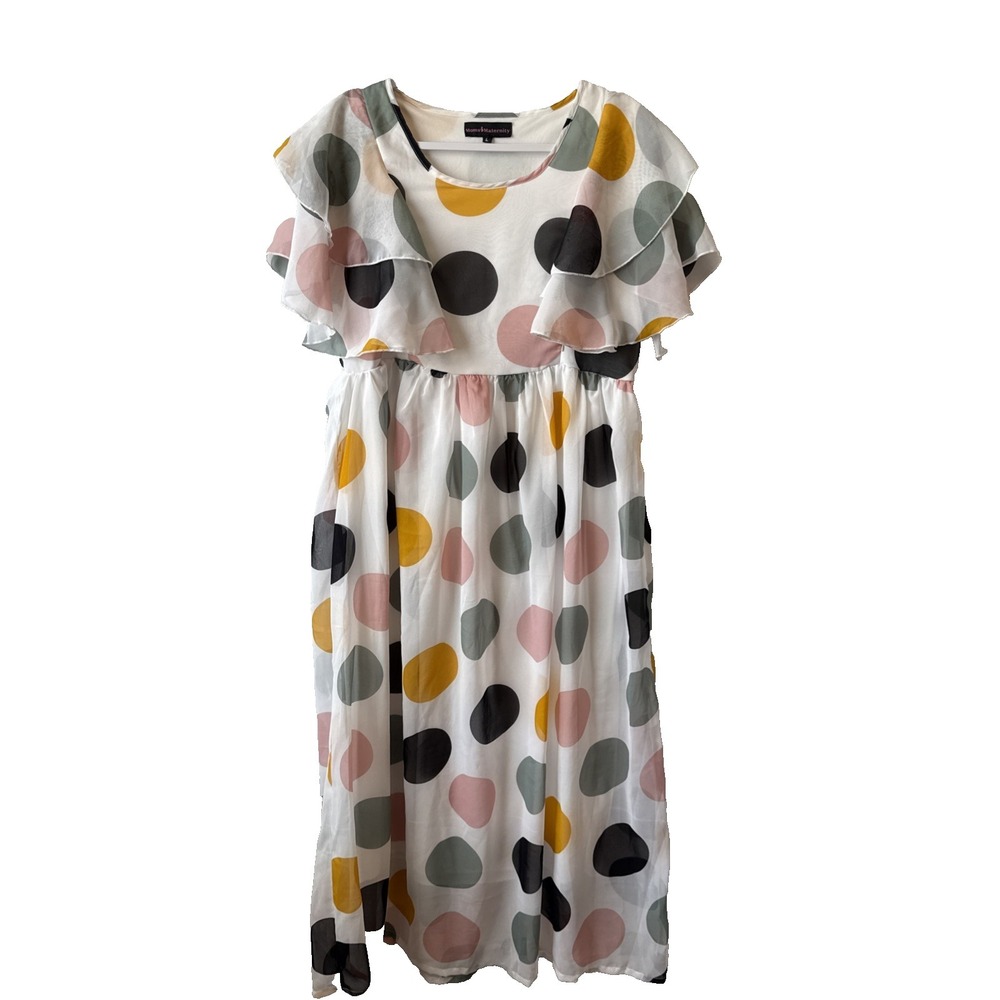 Moms Maternity Georgette Sheer Polka Dot Flutter Sleeve Nursing Maxi Dress L‎